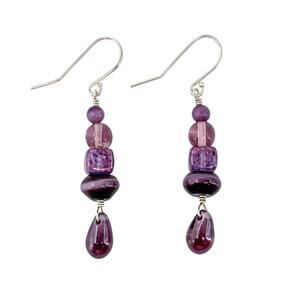Vintage Sterling Silver 925 Beaded Purple Glass Dangle Earrings